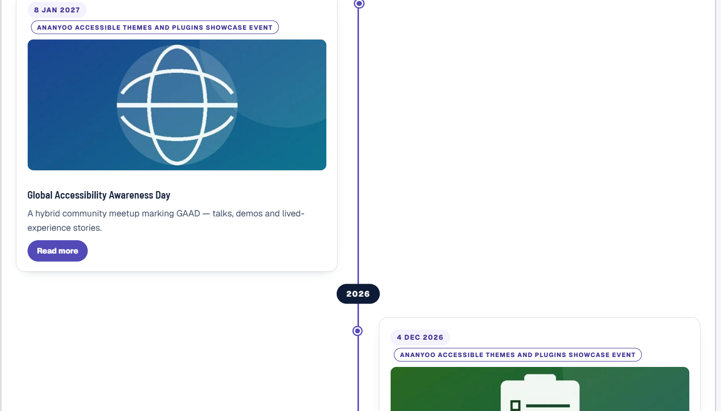 The accessible timeline from the events plugin, Alternate design: cards alternating left and right of a centre line with year pills, date tags, Event source tags and Read more buttons