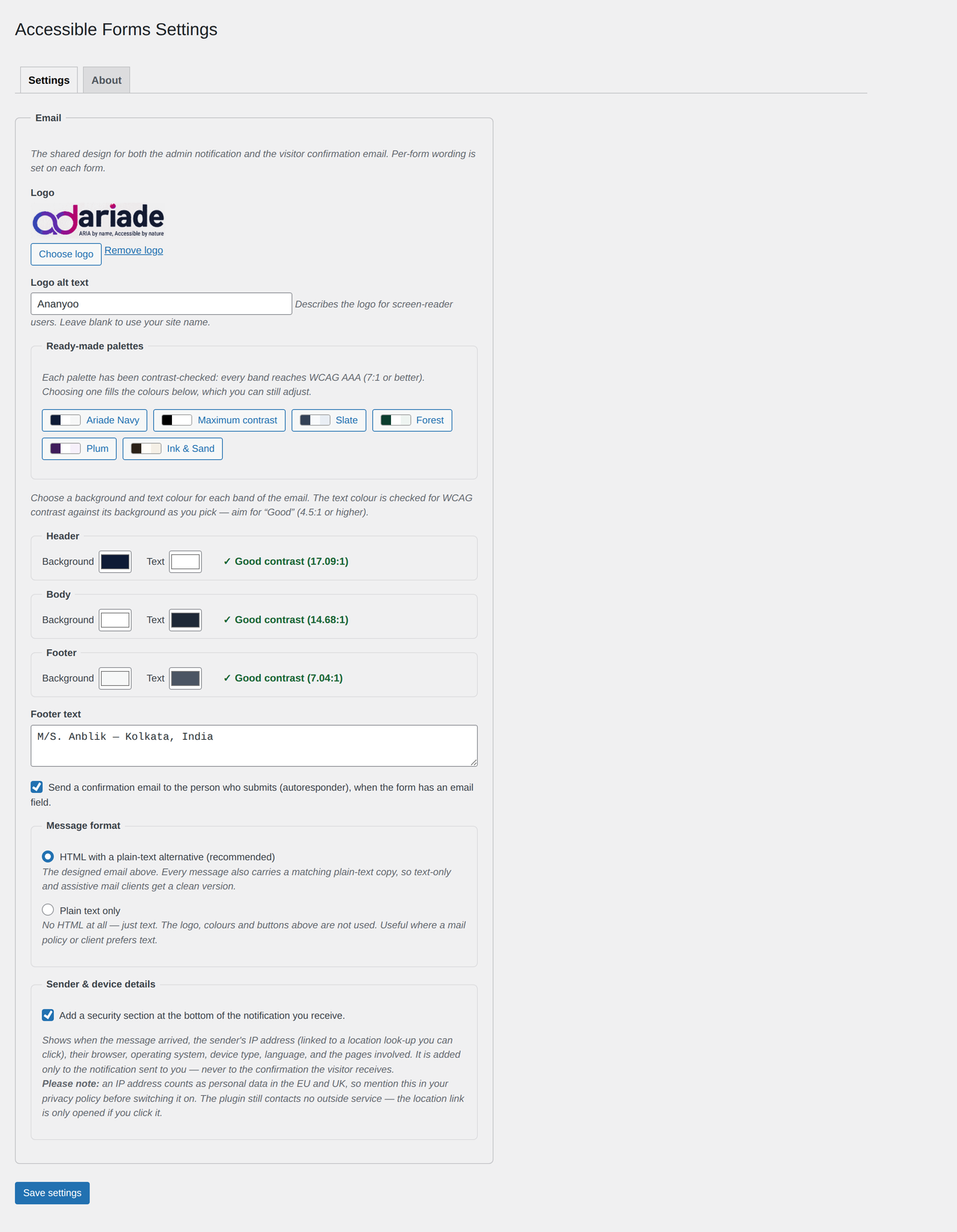 WordPress settings screen showing the email logo field, six ready-made colour palettes, and header, body and footer colour pickers, each with a live WCAG contrast reading beside it.