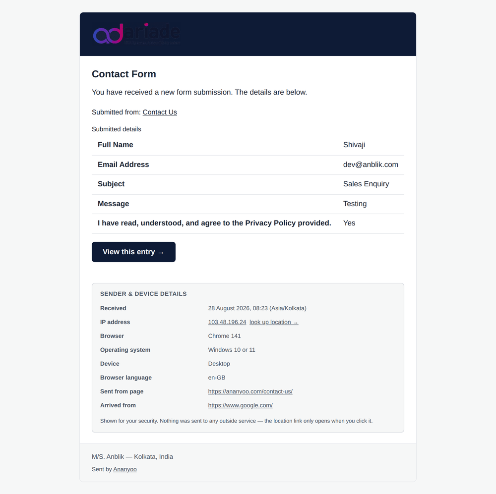 A notification email showing the site logo with alt text, the submitted answers in a data table with row headings, a clearly labelled button to the stored entry, and an optional sender and device details section at the bottom.