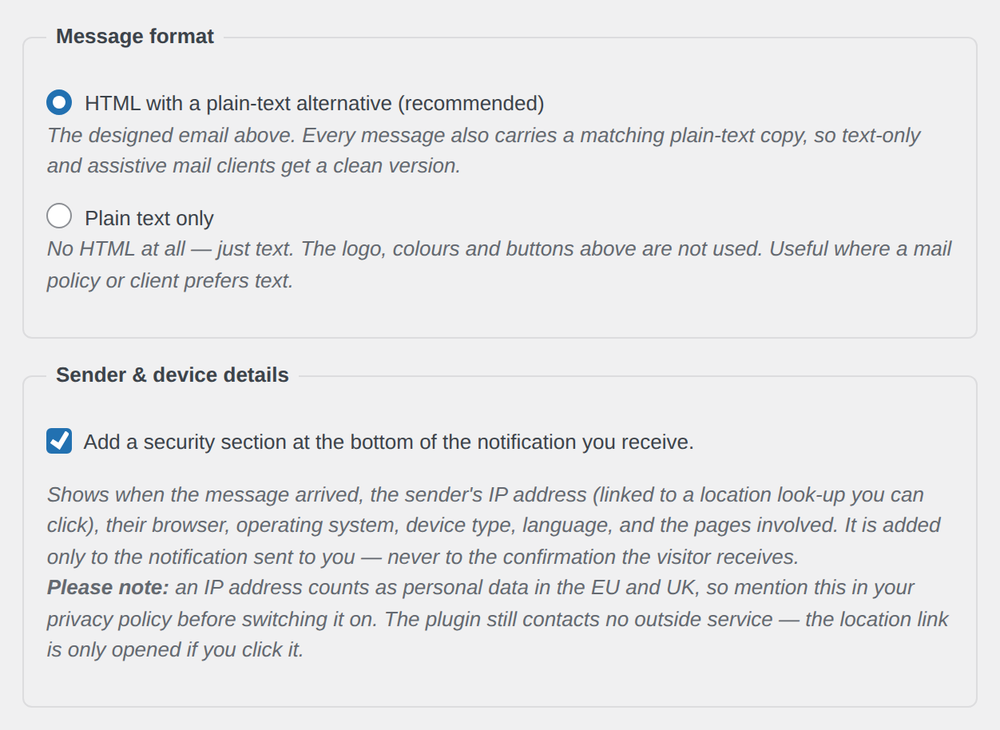 Settings showing a choice between accessible HTML with a plain-text alternative or plain text only, and a checkbox that adds the optional sender and device details section to the owner notification.