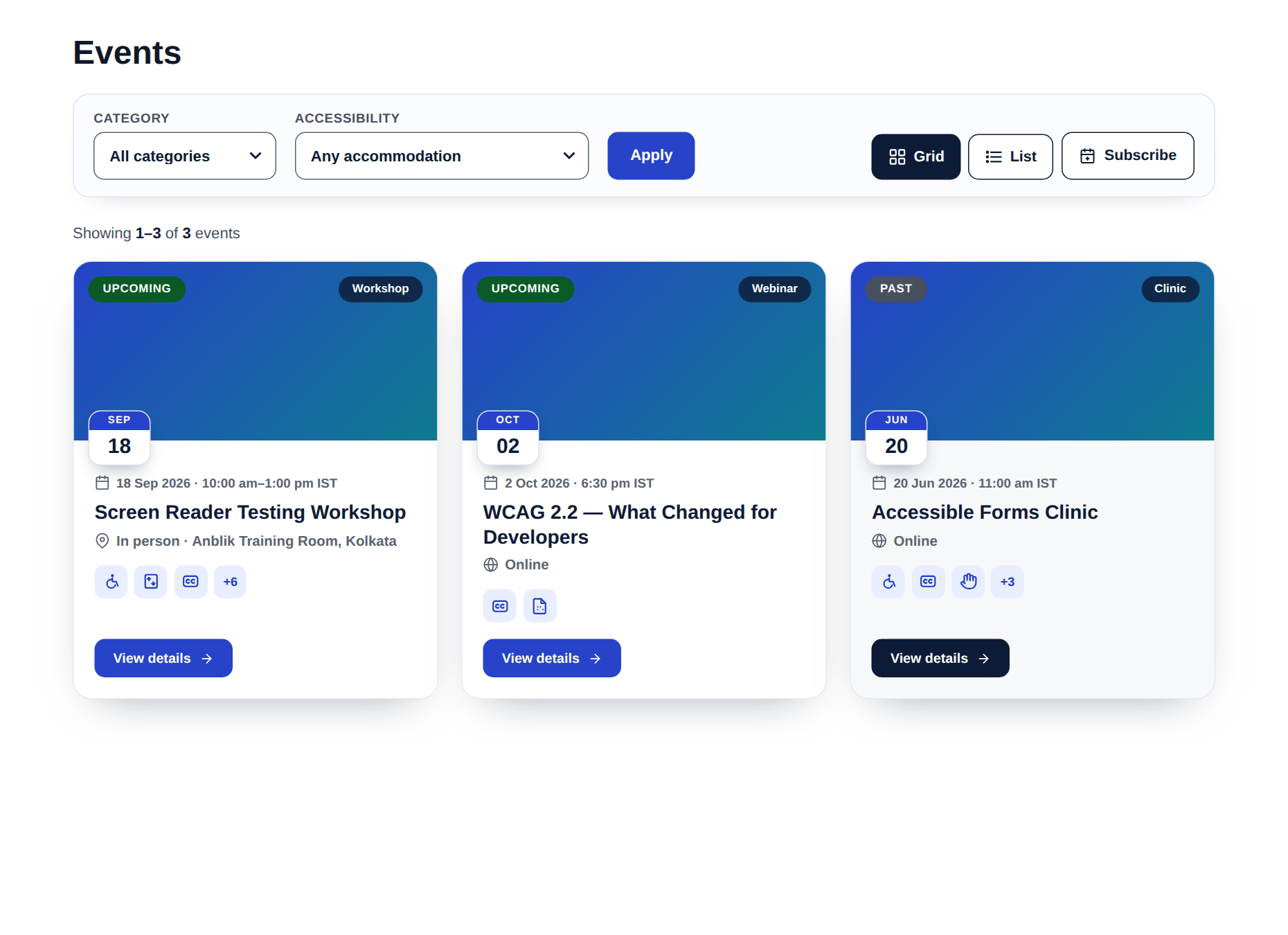 The events listing from the accessible events plugin: filter toolbar, Grid and List switch, Subscribe button, and cards with accommodation icons