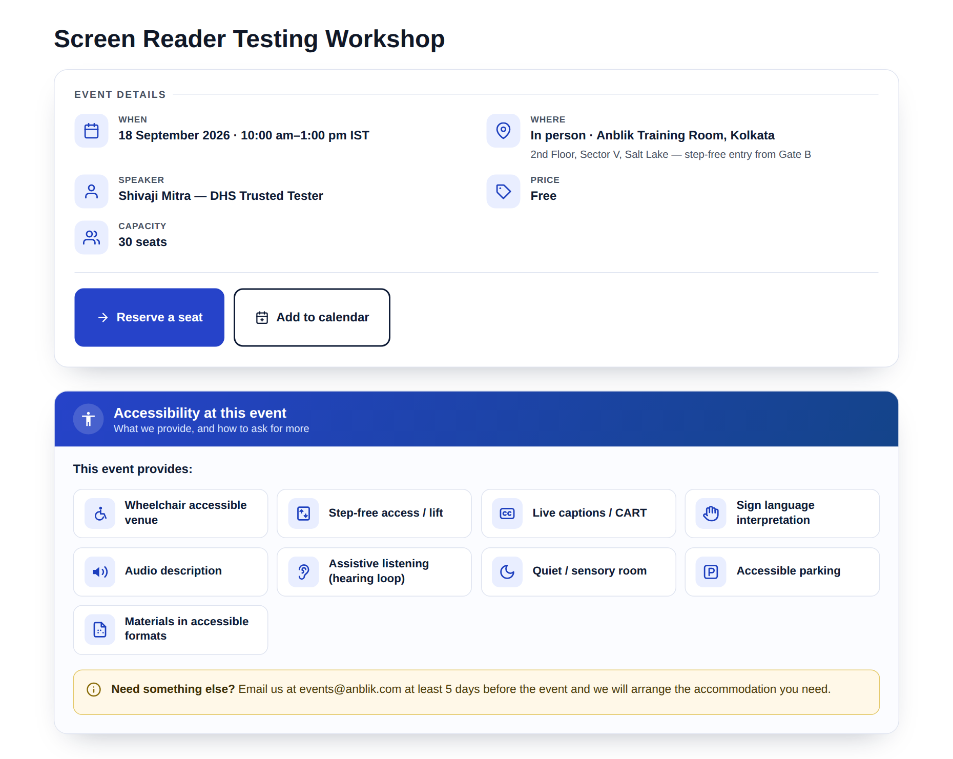 A single event page from the accessible events plugin: the Event details panel and the Accessibility at this event panel with an icon for every accommodation