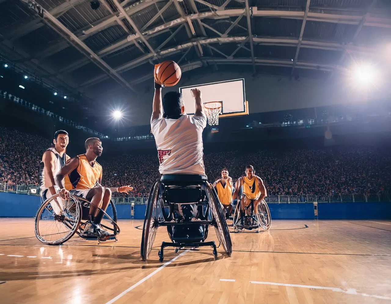 Accessibility in sports: wheelchair basketball players in a modern arena