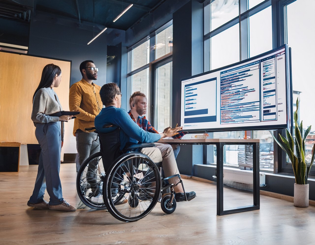Developers discussing web accessibility improvements on a big screen