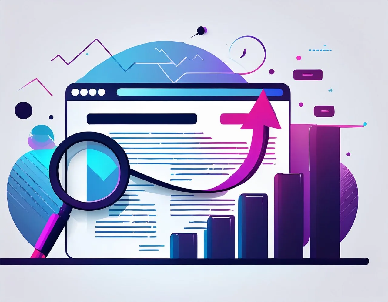 Magnifying glass over a rising bar chart and a browser window with a clear page structure, showing accessibility lifting search rankings