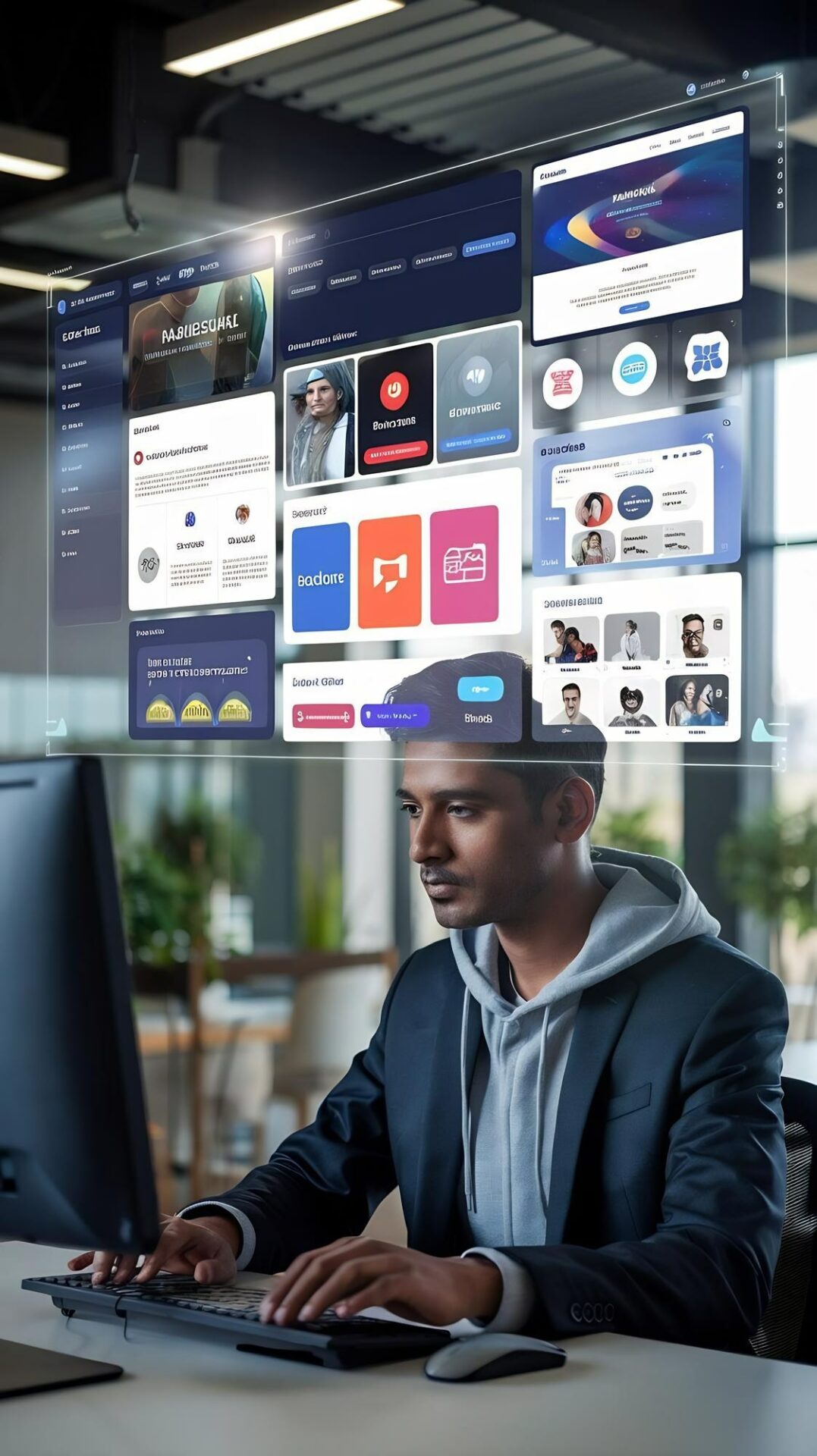 Developer at a large screen reviewing the page layouts, components and plugin screens that make up an accessible WordPress build