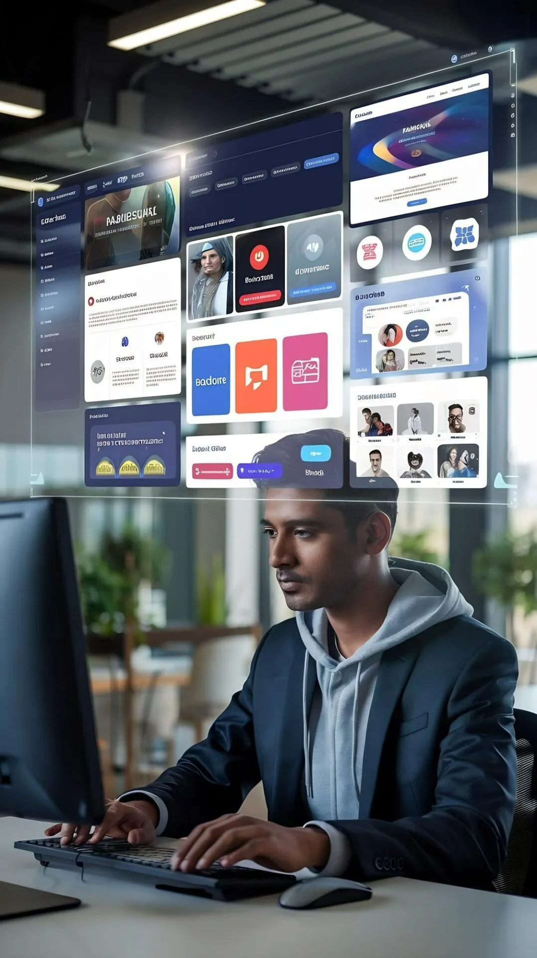 Developer at a large screen reviewing the page layouts, components and plugin screens that make up an accessible WordPress build
