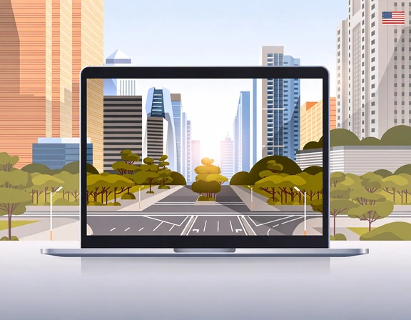 An ADA Title II website compliance rebuild on screen: an American city street with trees and tall buildings, shown on the screen of an open laptop, with a United States flag above