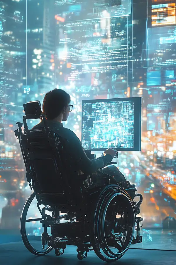 A person in a wheelchair facing a large screen, with a lit city skyline behind them.