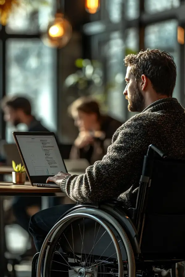 A man in a wheelchair working on a laptop at a table in a busy cafe.