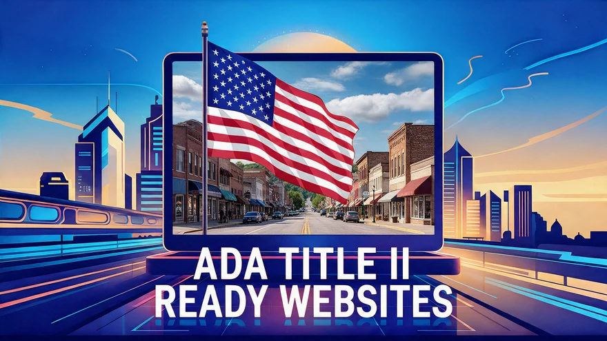 ADA Title II ready websites: a United States flag over an American main street shown on a large screen, with a city skyline behind