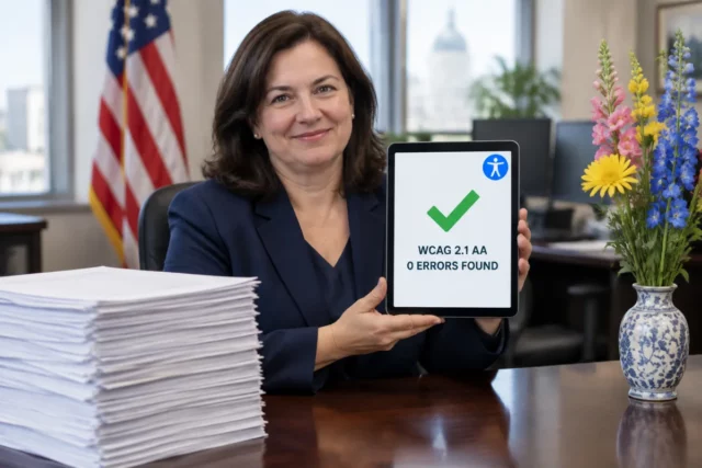A city clerk smiles as she holds up a tablet showing a large green tick, a blue universal access icon, and the words WCAG 2.1 AA, 0 errors found. Beside her on the desk sits a tall untouched stack of printed documents.