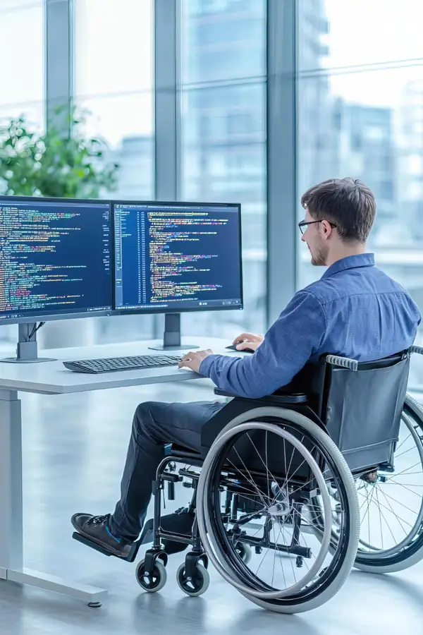 A developer in a wheelchair at a desk with two monitors showing lines of code.