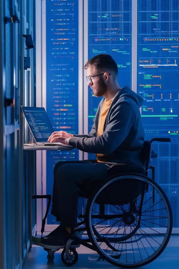 A technician in a wheelchair working on a laptop in a server room.