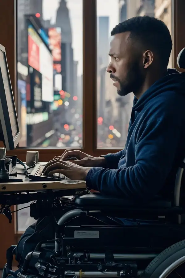 A man in a wheelchair working at a desktop computer, with a city street visible through the window behind him.