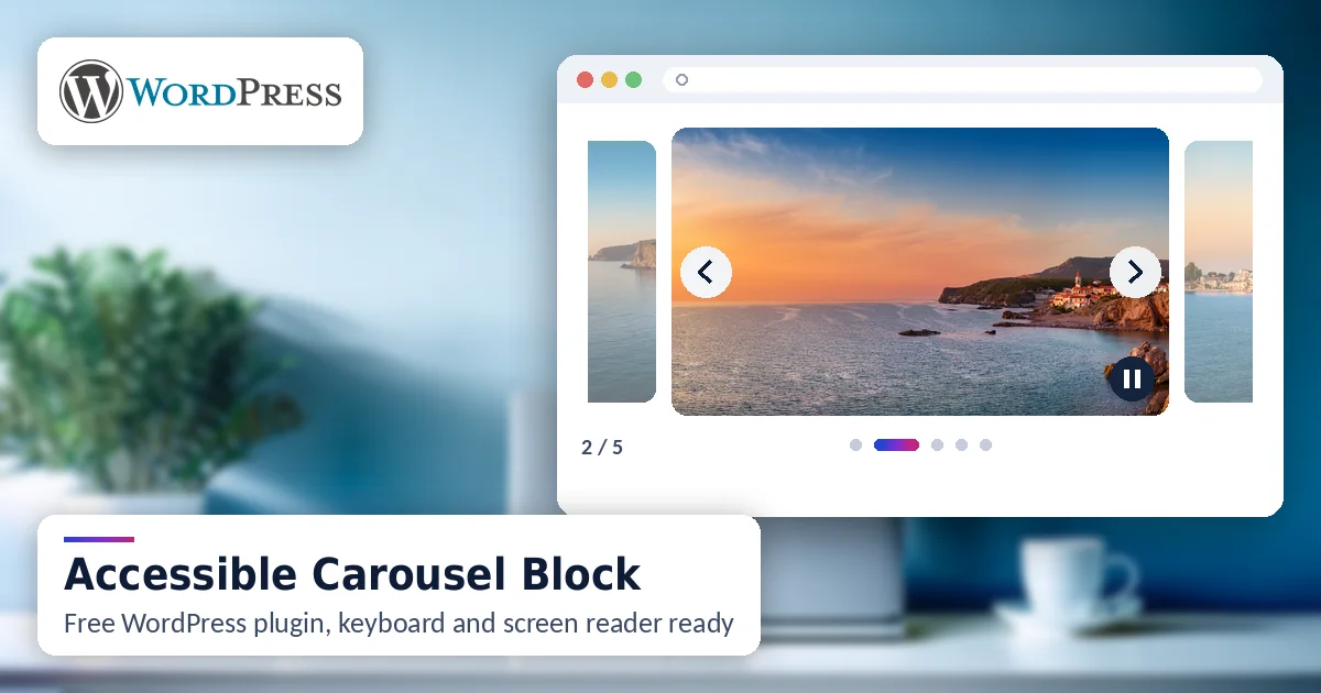 Accessible Carousel Block plugin: image slider with previous and next buttons, pause control and slide indicators, WordPress logo
