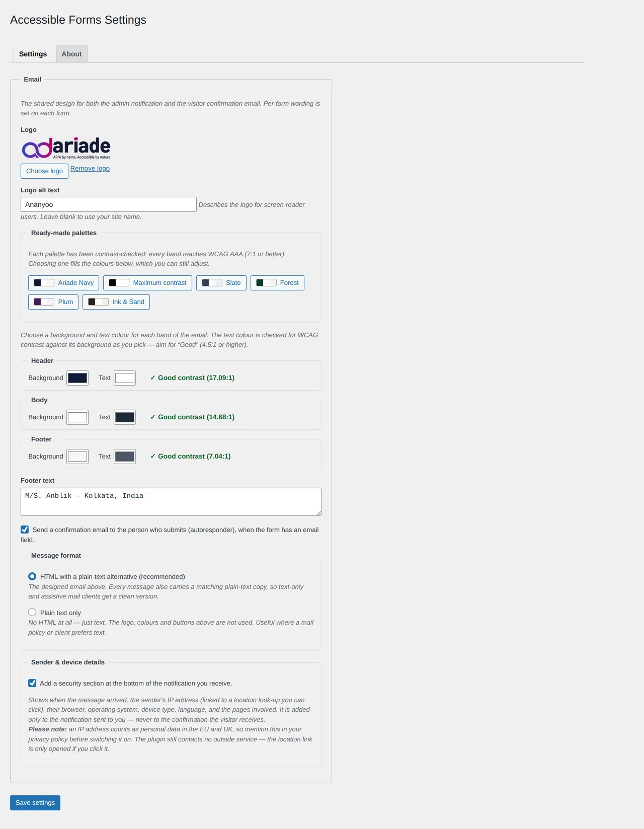 WordPress settings screen showing the email logo field, six ready-made colour palettes, and header, body and footer colour pickers, each with a live WCAG contrast reading beside it.