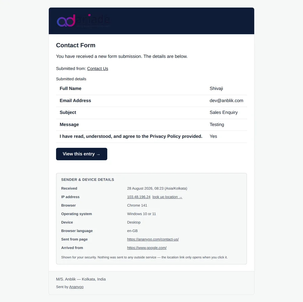 A notification email showing the site logo with alt text, the submitted answers in a data table with row headings, a clearly labelled button to the stored entry, and an optional sender and device details section at the bottom.