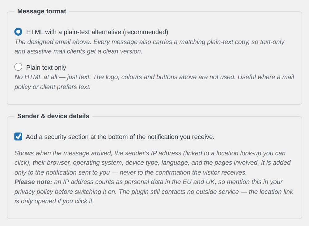 Settings showing a choice between accessible HTML with a plain-text alternative or plain text only, and a checkbox that adds the optional sender and device details section to the owner notification.