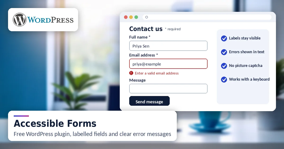 Accessible Forms plugin: contact form with required field markers, a text error message and no picture captcha, WordPress logo