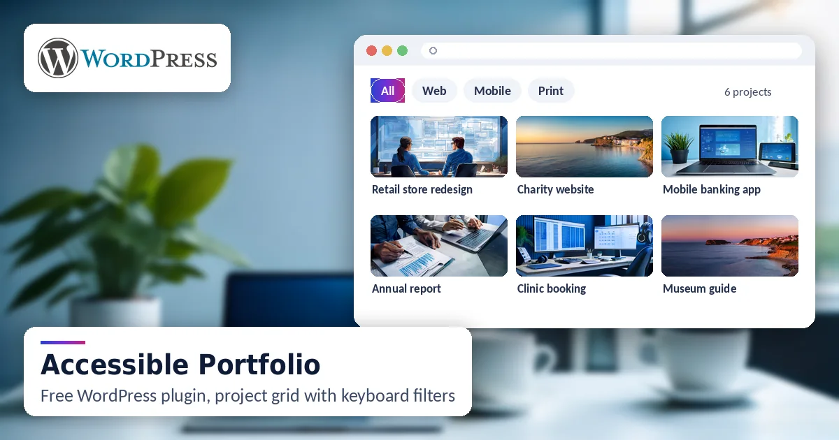 Accessible Portfolio plugin: grid of six project cards with category filter buttons, WordPress logo