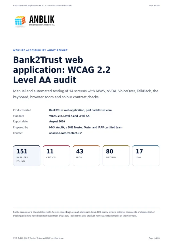 Cover page of the sample audit report: the Anblik logo, the title Bank2Trust web application: WCAG 2.2 Level AA audit, rows for the product tested, standard, report date, prepared by and contact, and five tiles reading 151 barriers found, 11 critical, 43 high, 80 medium and 17 low.
