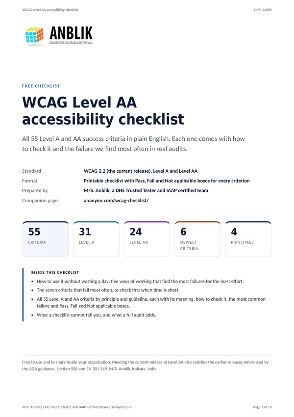 Cover of the Anblik WCAG 2.2 Level AA accessibility checklist PDF, showing 55 criteria, 31 Level A, 24 Level AA and 6 new in 2.2.