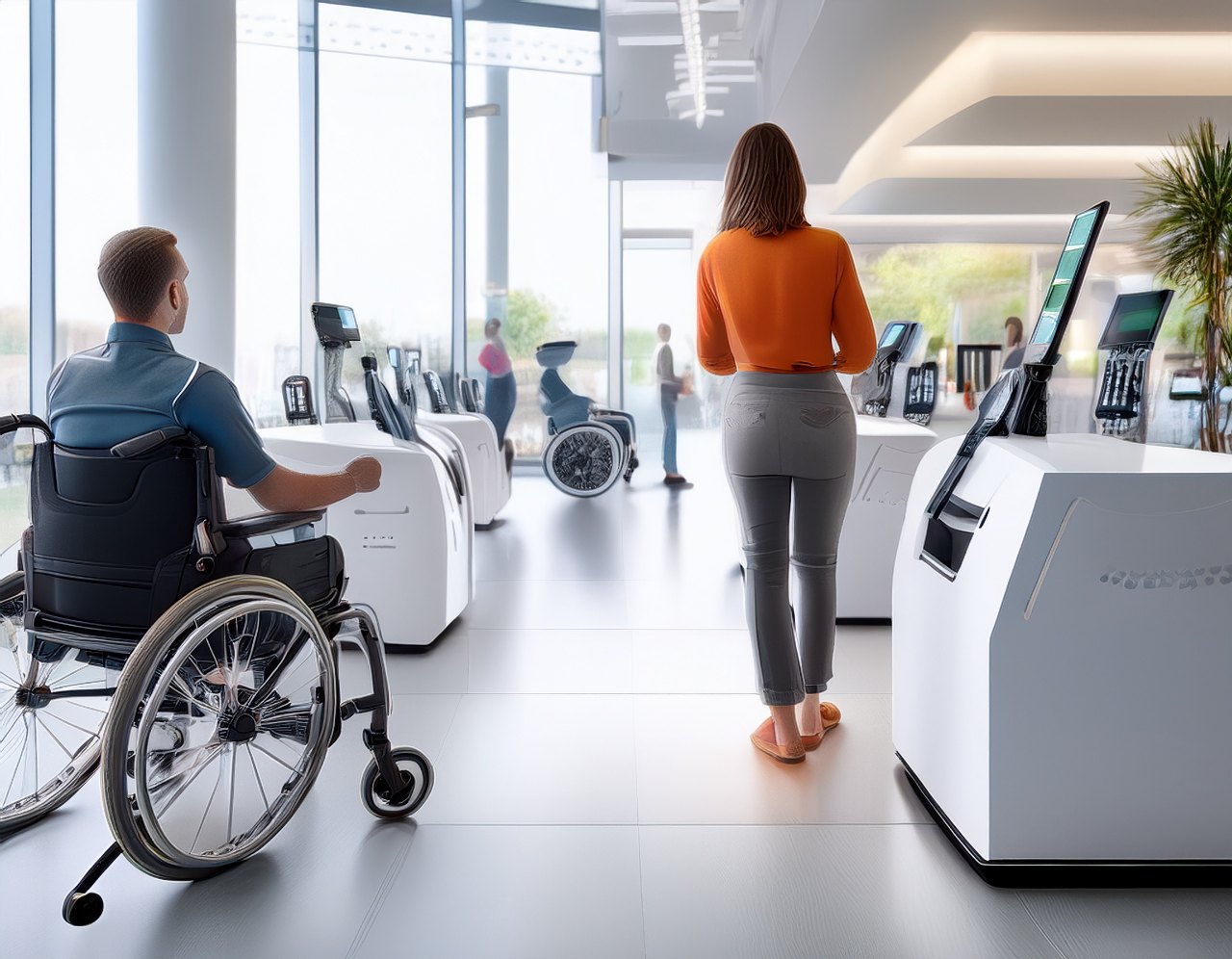 Powered wheelchair, hearing aids and braille tablet on display