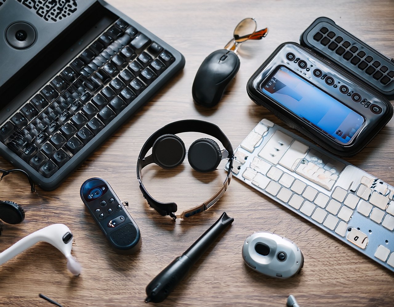 Assistive technology devices laid out on a table