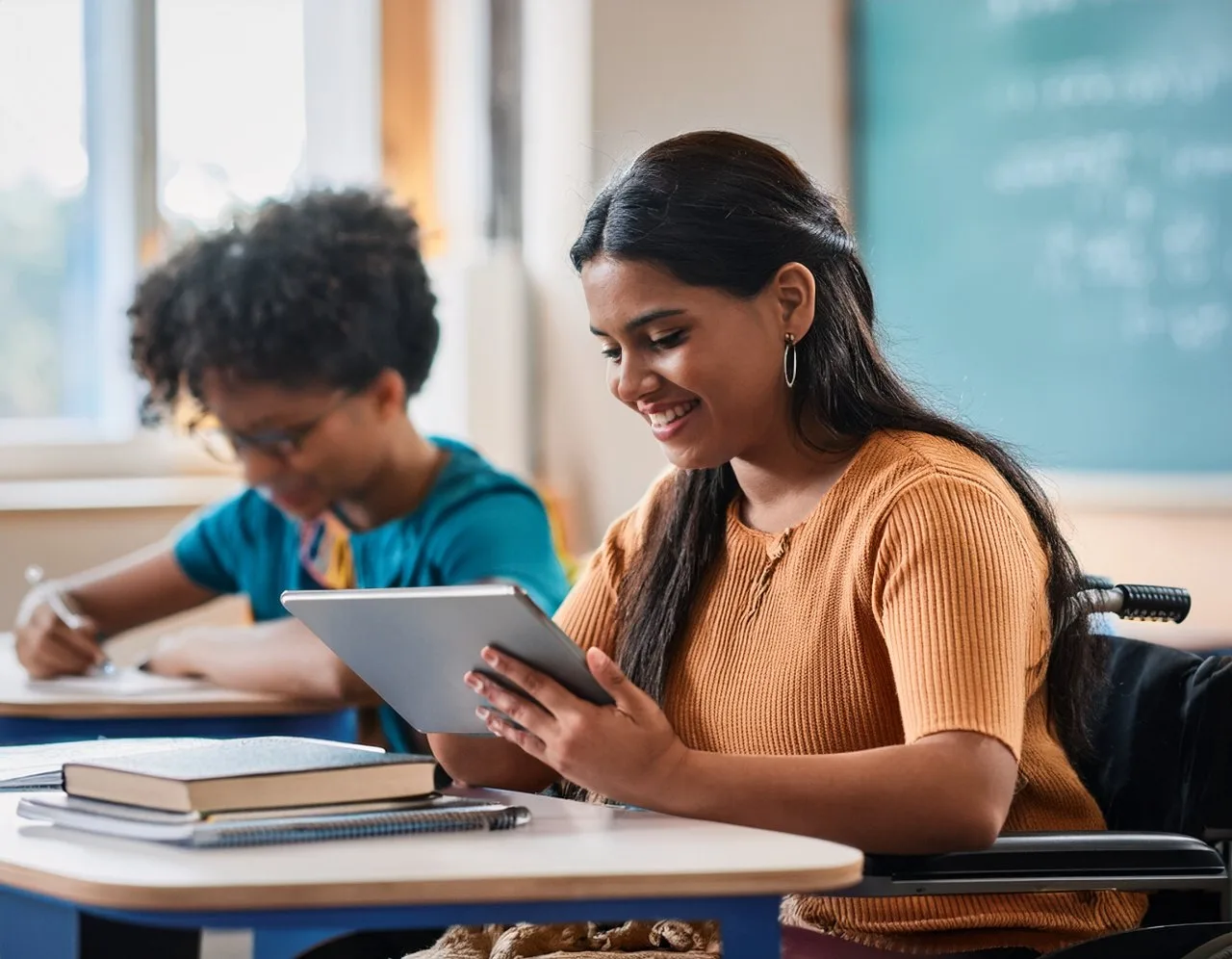 Assistive technology for disabilities: a student using a communication tablet in class
