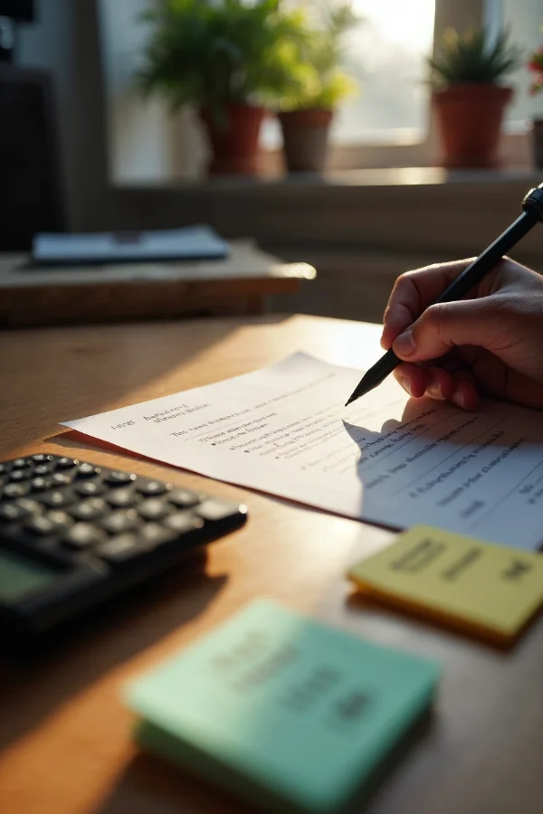 Someone works out an estimate by hand on a sheet of paper at a sunlit desk, a calculator and two pads of sticky notes beside them.