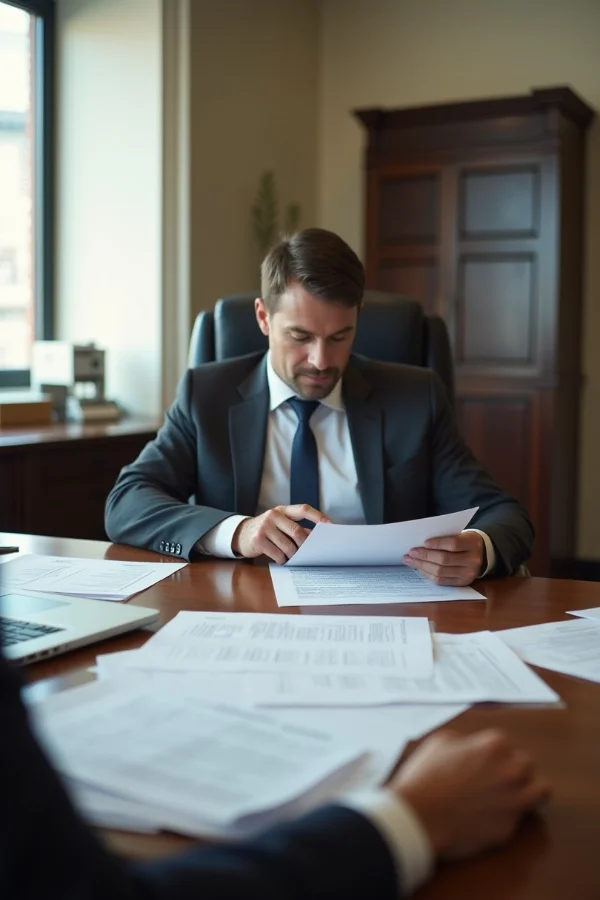 A consultant sits across a desk reading a printed page, with more papers spread out in front of him and a client seated opposite.