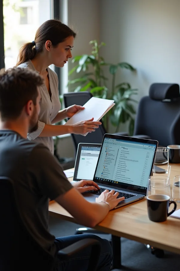 A tester works through a list of findings on a laptop while a colleague stands beside him holding a printed page, checking it against the screen.