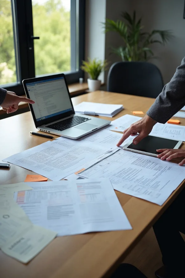 Printed audit findings spread across a meeting table beside a laptop and a tablet, with two people pointing at lines on the pages.