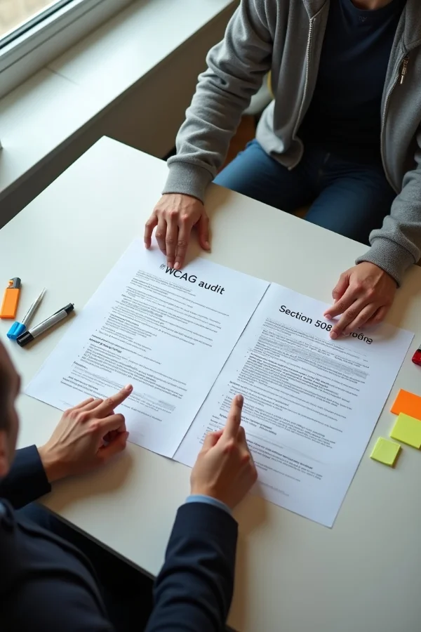 Two people at a table compare two printed documents side by side, one headed WCAG audit and the other Section 508, marking them up with pens.