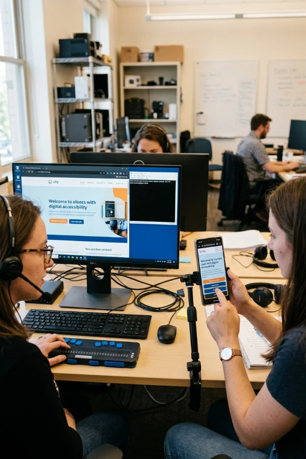 Two colleagues test a city website together. One listens through a headset with a refreshable braille display in front of her keyboard, while the other checks the same page on a phone held in a stand.