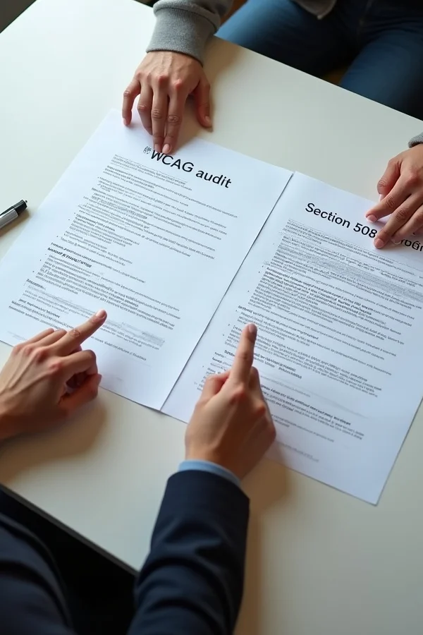 Two people lean in over two printed audit documents on a table, one headed WCAG audit and the other Section 508, pointing at lines on each.
