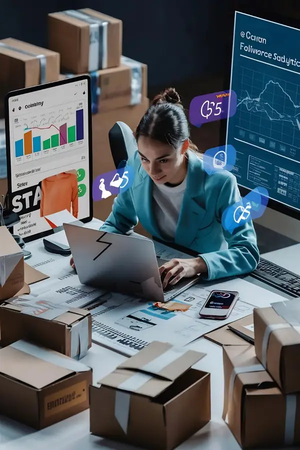 A store owner working at a laptop surrounded by parcels, with store analytics on screens behind.