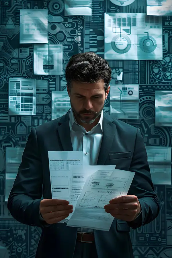 A man in a suit reading printed papers in front of a wall of documents and diagrams.