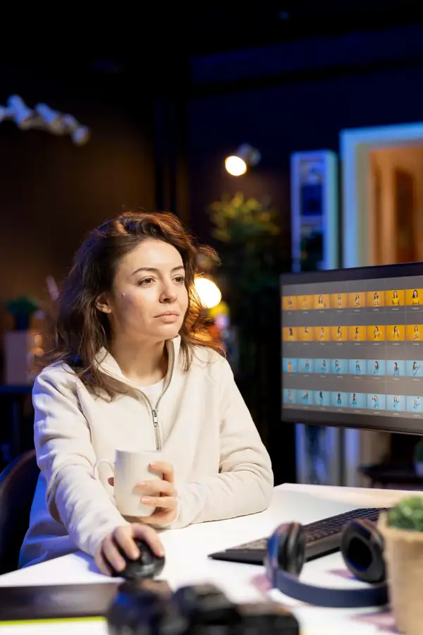 A woman with a coffee at a monitor showing a grid of many thumbnails.