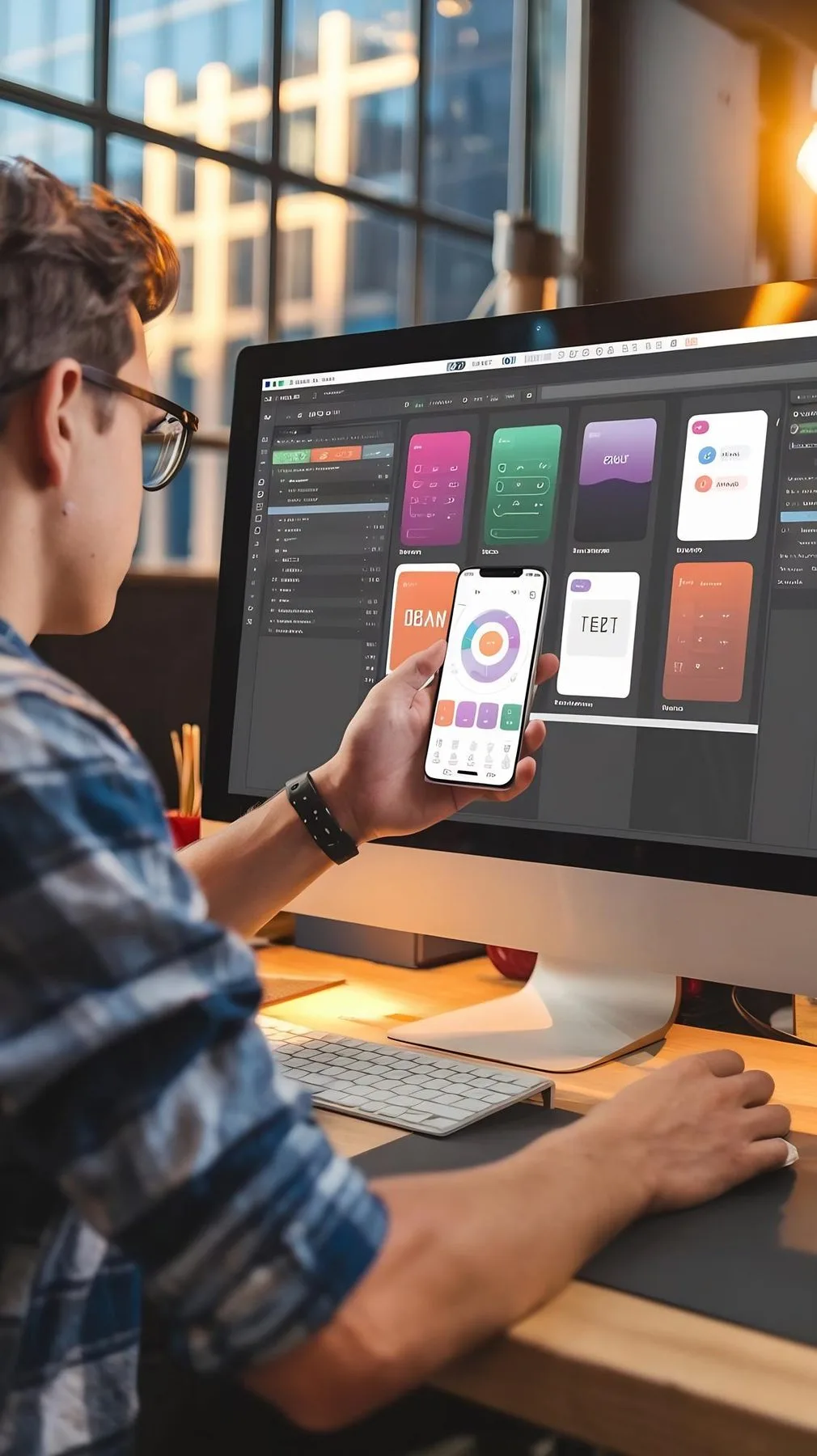 A designer holding a phone up beside a desktop screen full of app layout screens