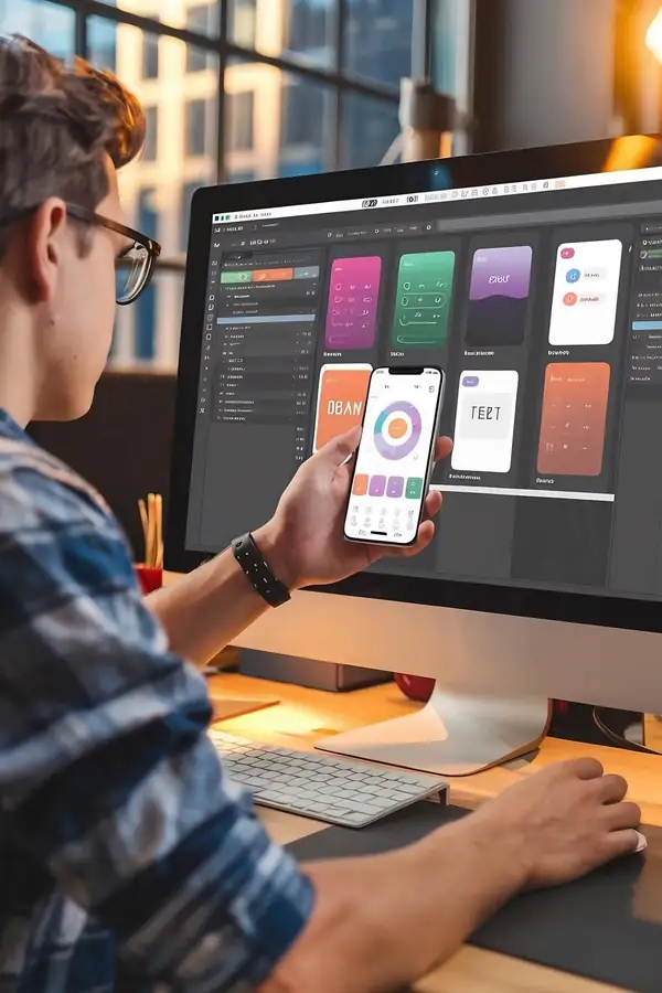 A designer comparing a store layout on a desktop screen and a phone side by side.