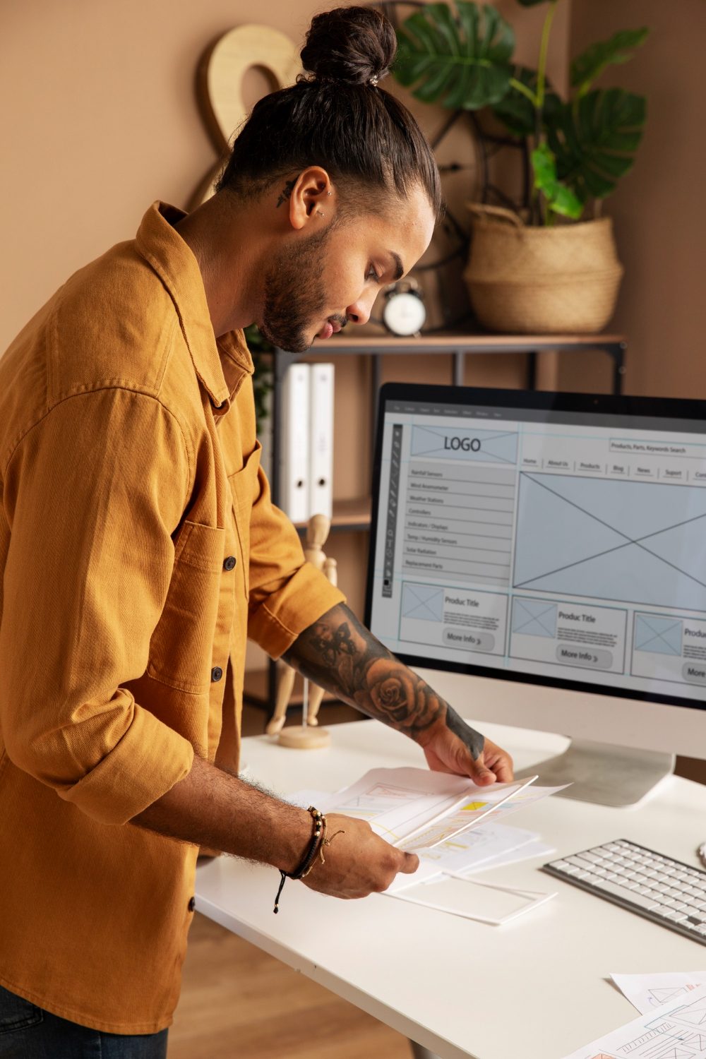 A designer holding printed wireframes beside a monitor showing a website wireframe