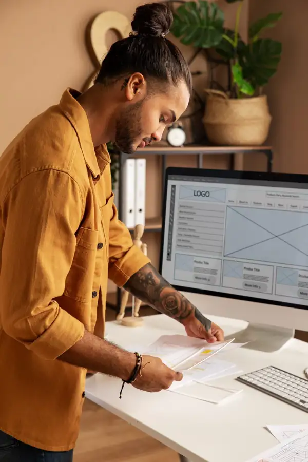 Printed wireframes spread across a desk, being reviewed one sheet at a time.