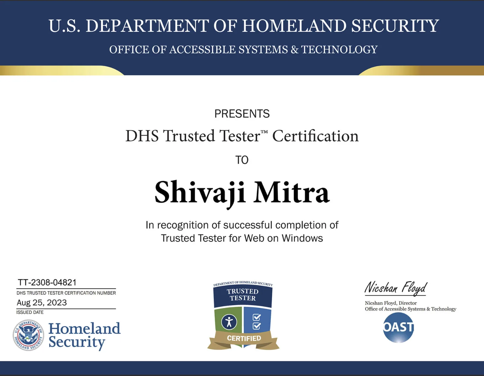 DHS Trusted Tester certificate awarded to Shivaji Mitra
