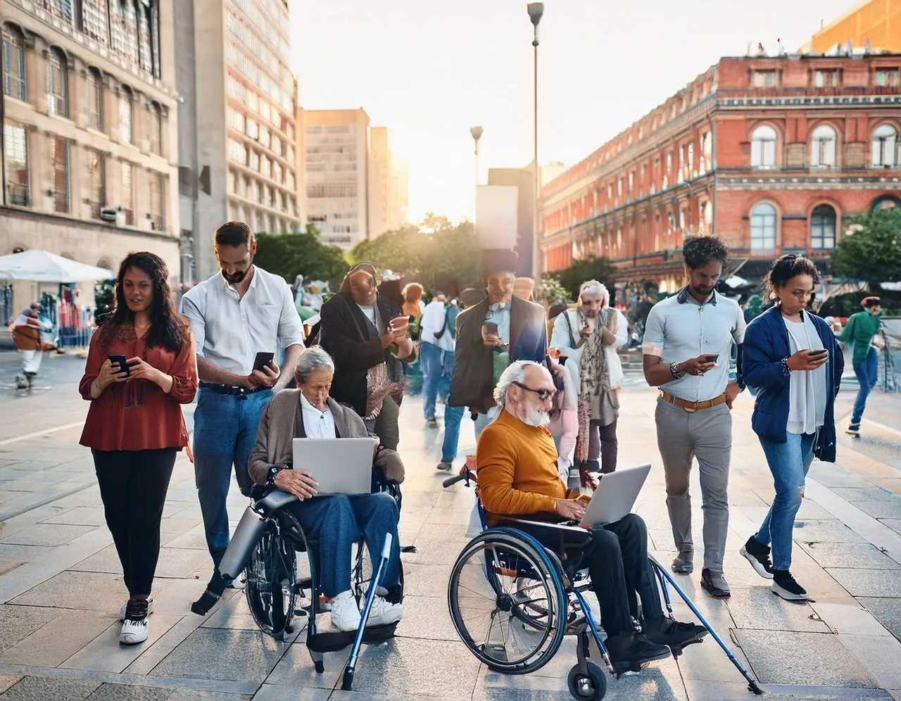Diverse people of all abilities using phones and laptops