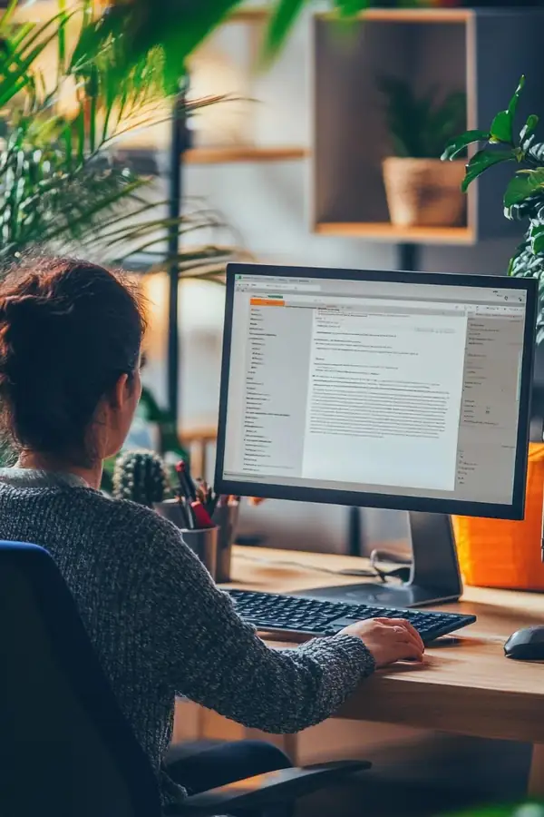 A person at a large monitor reviewing a web page marked up with flagged issues.