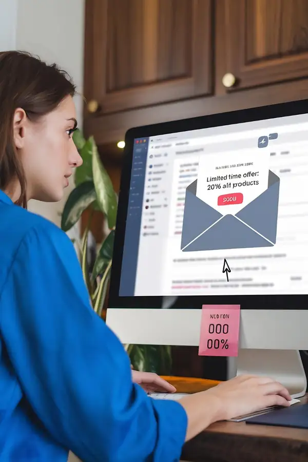 A woman at a desktop computer reading an email, an envelope graphic open on the screen.