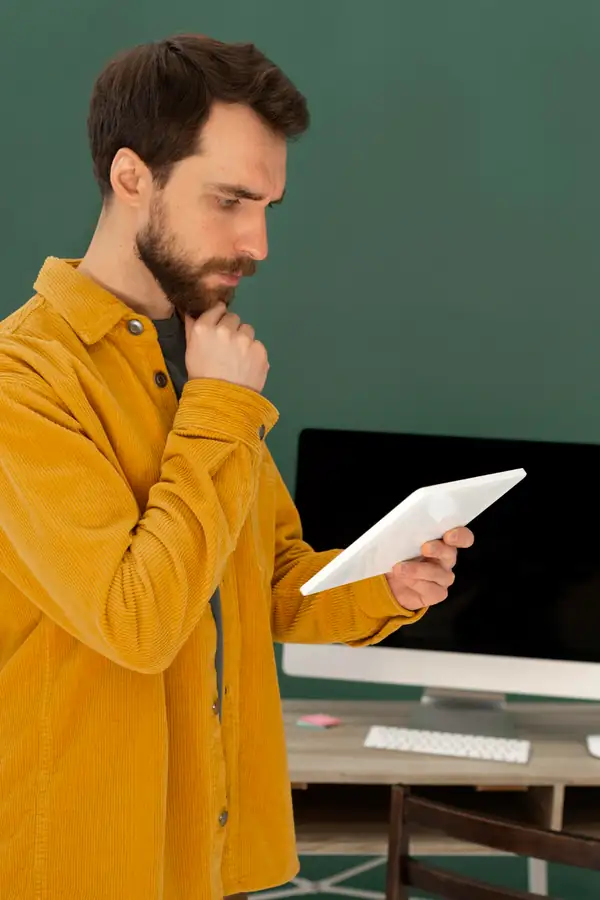 A man in a mustard jacket standing with a tablet, thinking before he acts.