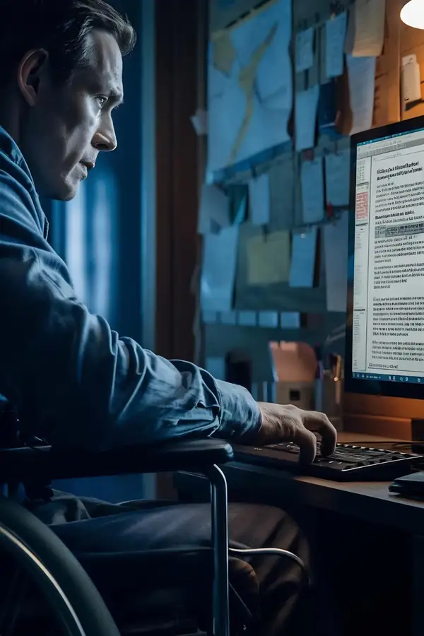 A man in a wheelchair working late at a desk, focused on a document on screen.